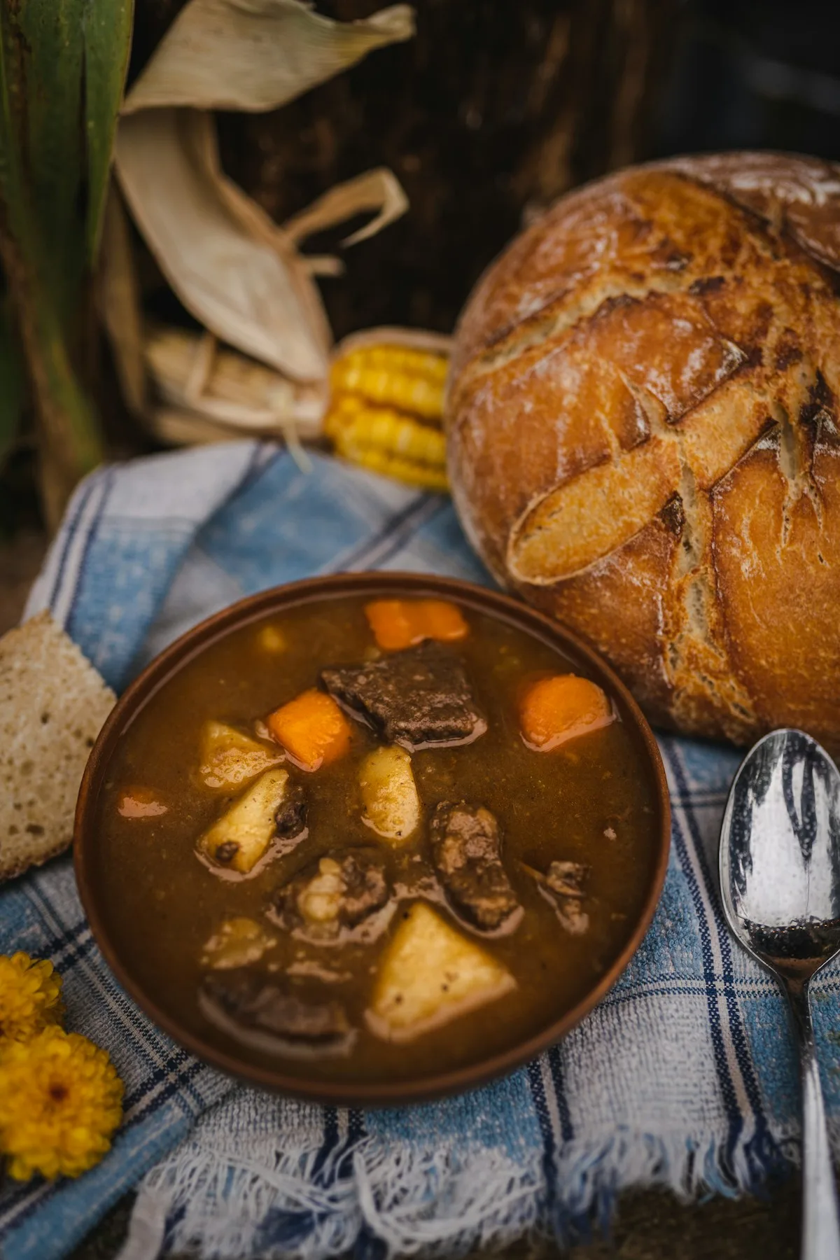 Plato de sancocho con maíz, carne y víveres